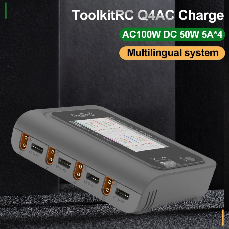 ToolkitRC Q4AC 3.5inch Smart Charger 4-channel AC100W DC 50W/channel suitable for 1-4S Lipo Battery FPV XT60 Interface Output