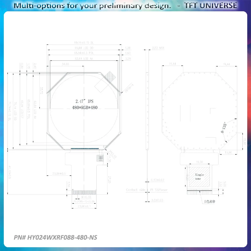 Tela LCD redonda 480P de 2,4 polegadas 480x480 interface RGB 480 cd/ ㎡   Controlador ST7701 suporta painel de toque sem MOQ