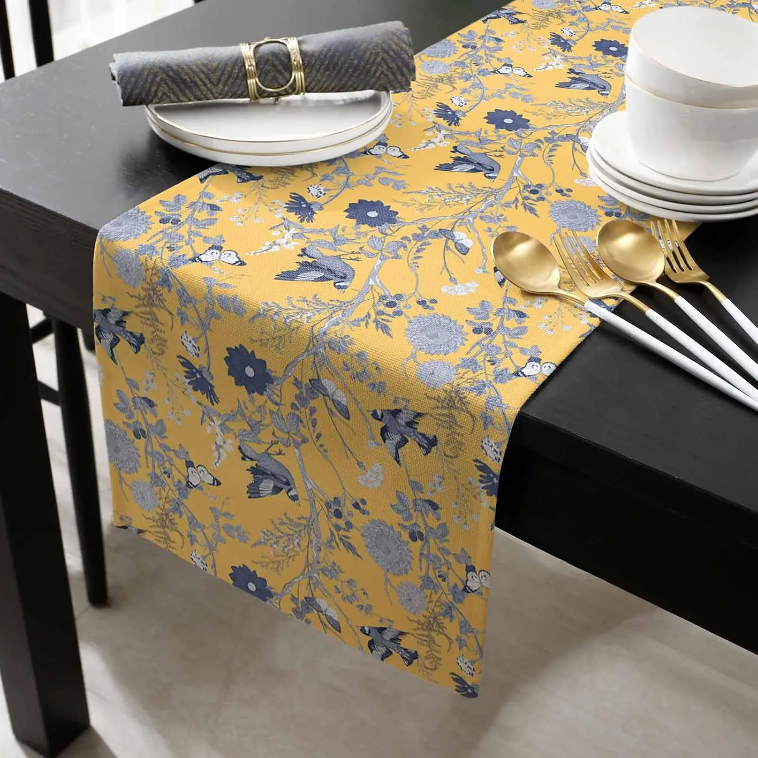Vintage Birds Butterflies Herbs Yellow Linen Table Runner Dresser Scarf Farmhouse Kitchen Dining Table Runner Party Decorations