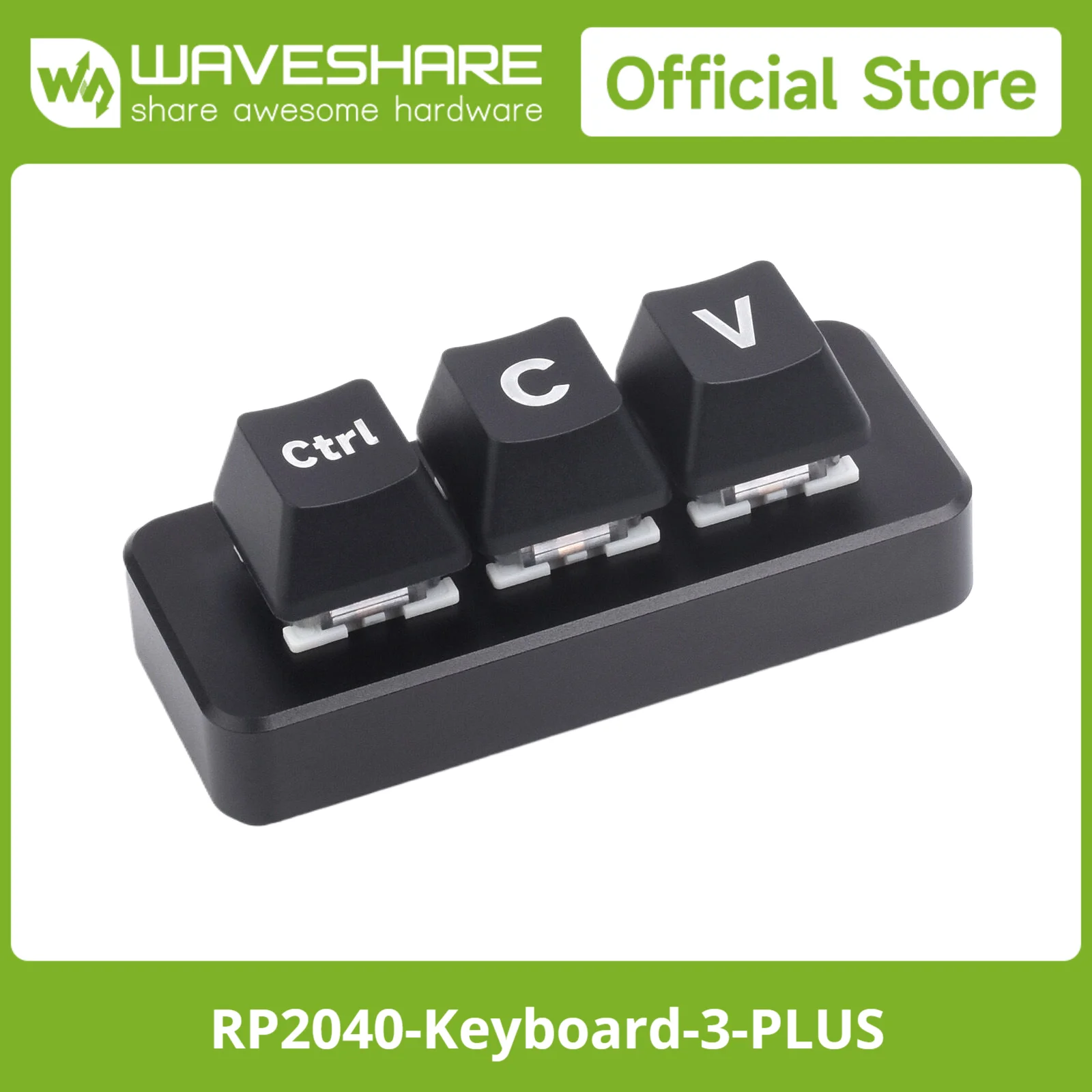 Waveshare Ctrl C/V Shortcut Keyboard For Programmers, 3-Key Development Board, Adopts RP2040, Copy Paste Keyboard