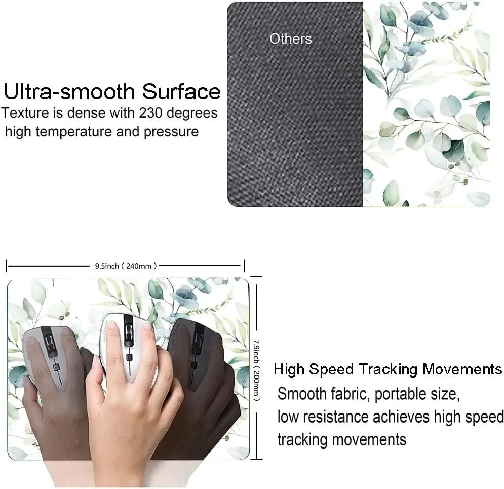 Personalized Computer Mouse Pads with Green Leaves Design Washable Mouse Mat with Lycra Cloth Office Home Non-Slip Rubber Base