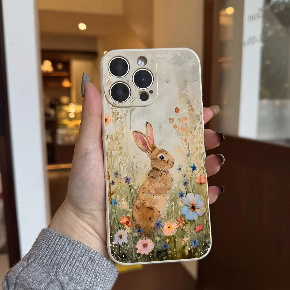 Custodia per telefono estetica con arte dell'acquerello del coniglio per iPhone 17 16 11 15 14 13 12 Pro Max Plus