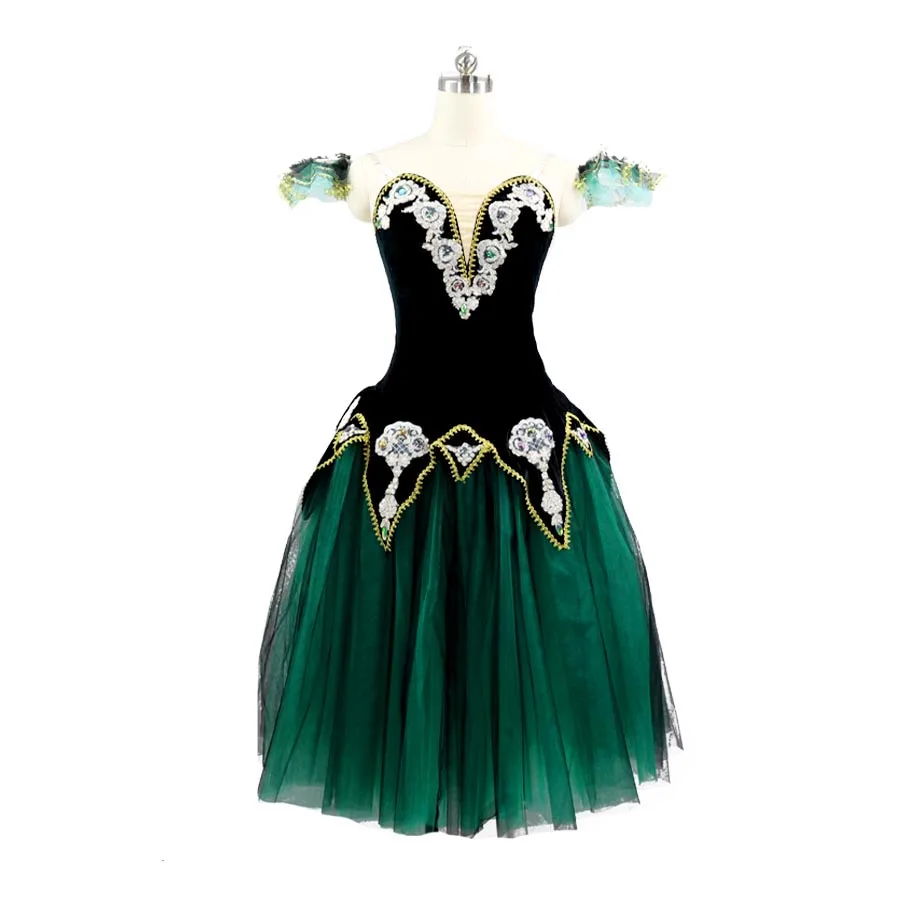 Vestido largo de tutú de Ballet romántico para niñas, traje de escenario de actuación profesional, color negro, verde y dorado