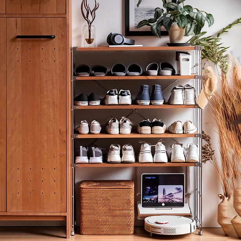 shoe racks at the entrance entrance, solid wood shoe cabinets, simple Japanese stainless steel racks for rental rooms