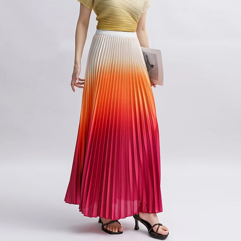 

Tie Dye Gradient Pleated Long Skirt Women Fashion Elastic High Waisted A-line Silk Satin Dance Work Beach Party Skirt Maxi 2025