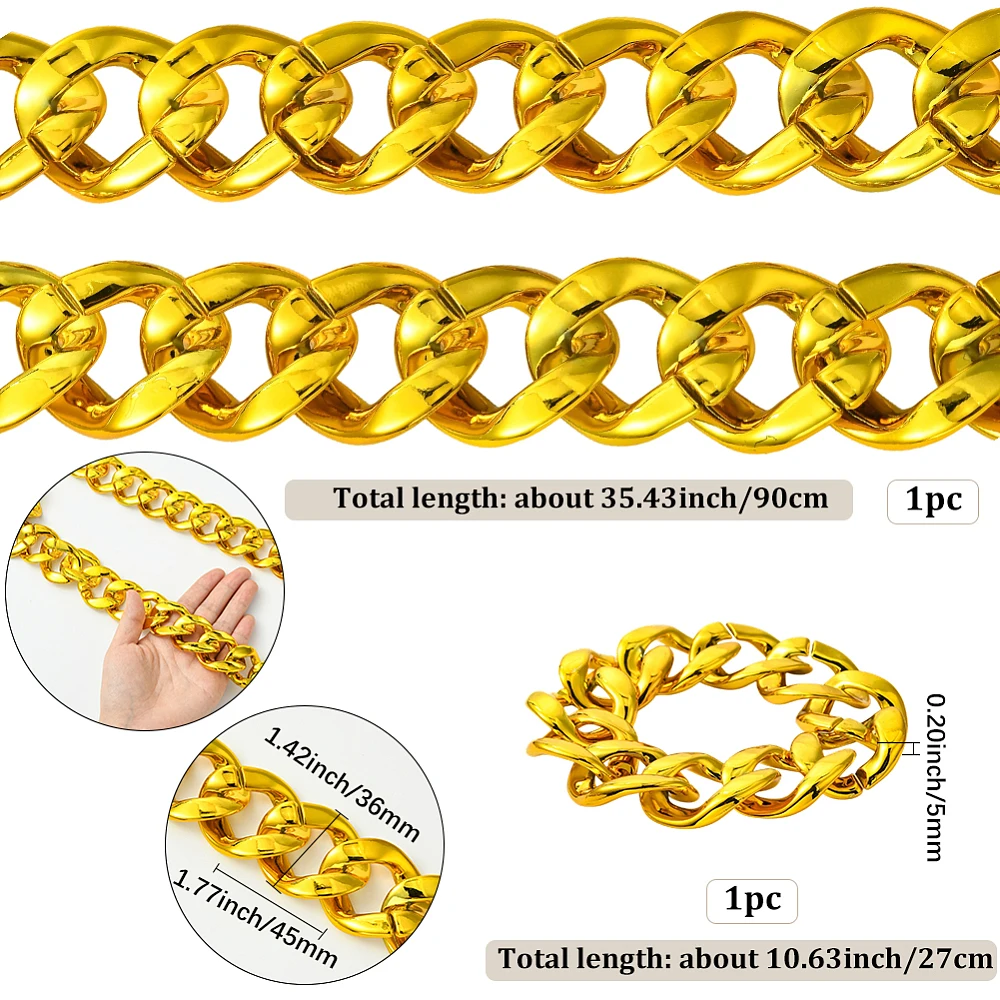 2Pcs 35.43 Inch/90cm Chunky Gold Necklace Costume Rapper Necklace Big Thick Cuban Acrylic Punk Style 80s 90s Link Chain Bracelet