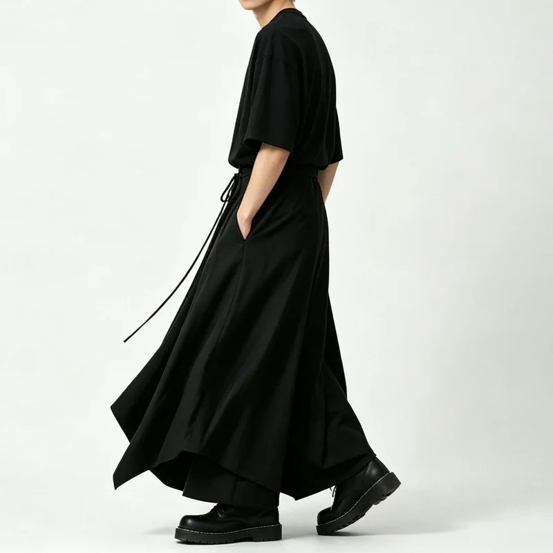 Men'S Casual Pants, Dark, Asymmetrical Wide-Leg Culottes, Loose Fit, High-Waisted, With Drawstring, Casual Pants A118