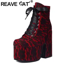 REAVE CAT Luxury Women Ankle Boots Round Toe Block Heel 14cm Platform Hill 7cm Lace Up Mixed Color Big Size 42 43 Booties