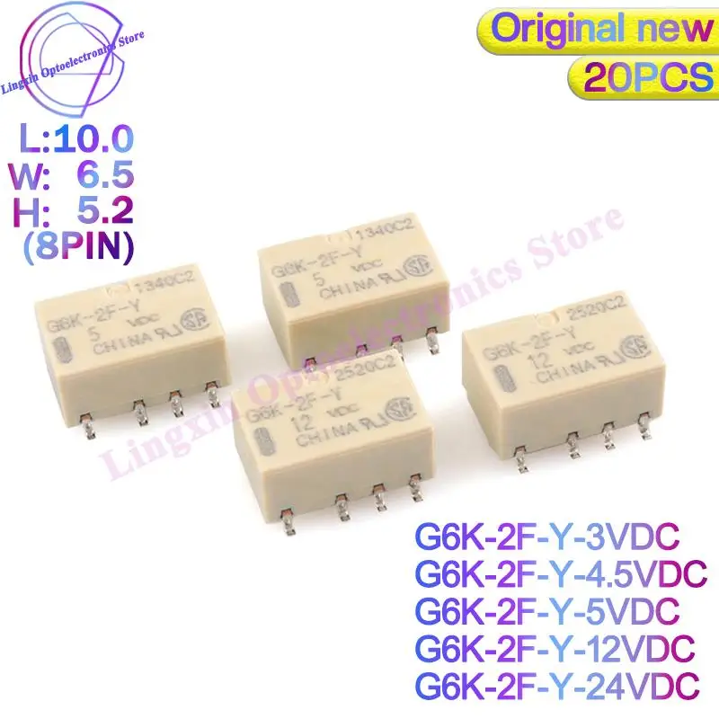 20pcs SMD G6K-2F-Y G6K-2P-Y Signal Relays 8PIN For Relay DC 3V 5V 12V 24V G6K-2F-Y5VDC G6K-2F-Y-12VDC G6K-2F-Y24VDC 10*6.5*5mm