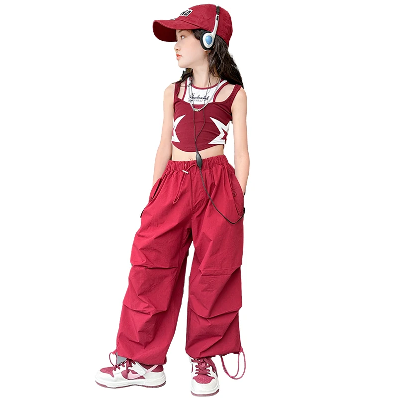 Hip Hop Teens Girls Clothing Vest + Wide Leg Cargo Pants Suit Sets for Girl\'s Clothes Summer Fashion Design Baby Girls Clothing