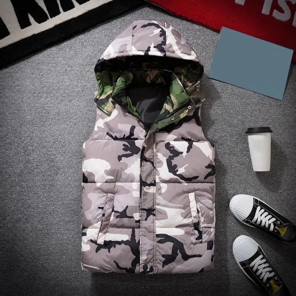Winter Men Waistcoat Camouflage Thickened Cotton Padded Windproof Zipper Hooded Vest Coat for Daily Wear