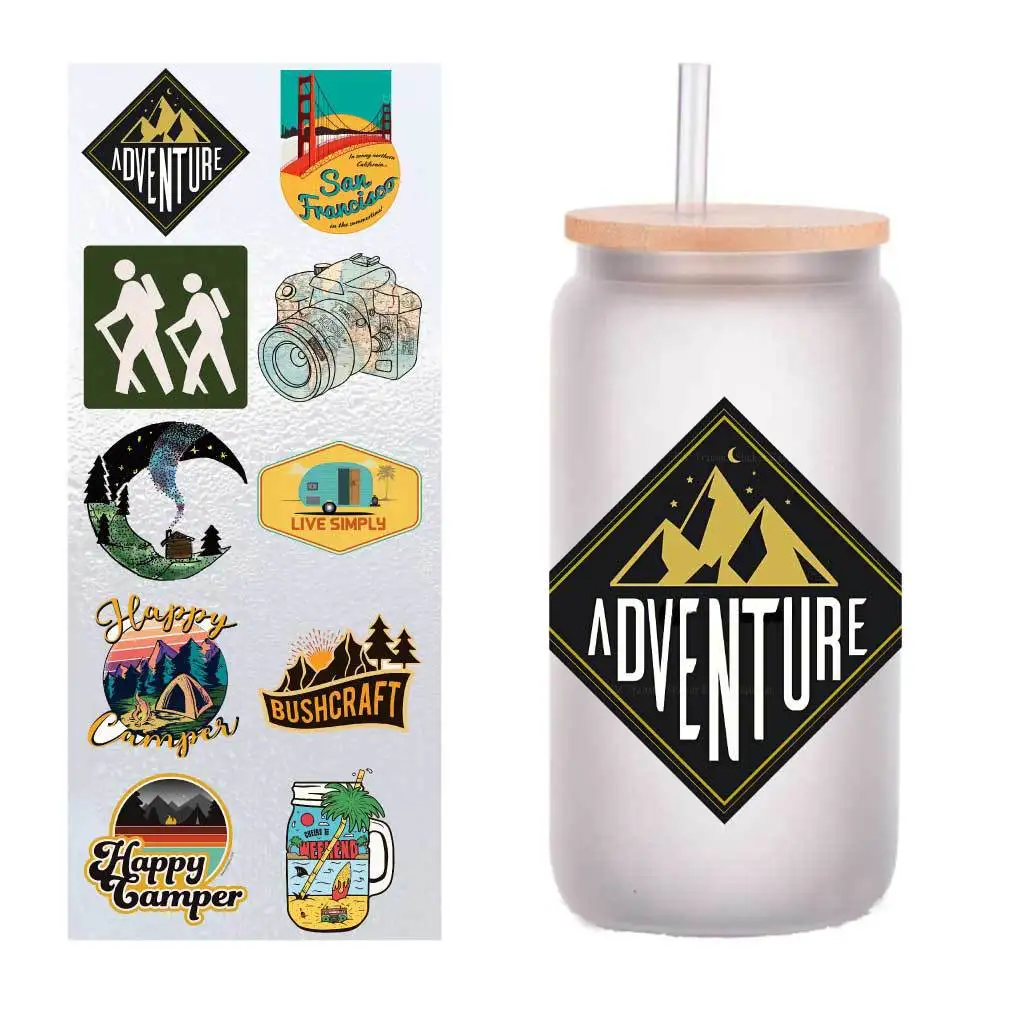 

10 PCs/Pack Cartoon Outdoor Adventure Series UV Transfer Sticker Crystal Label Cup Sticker customized four inches