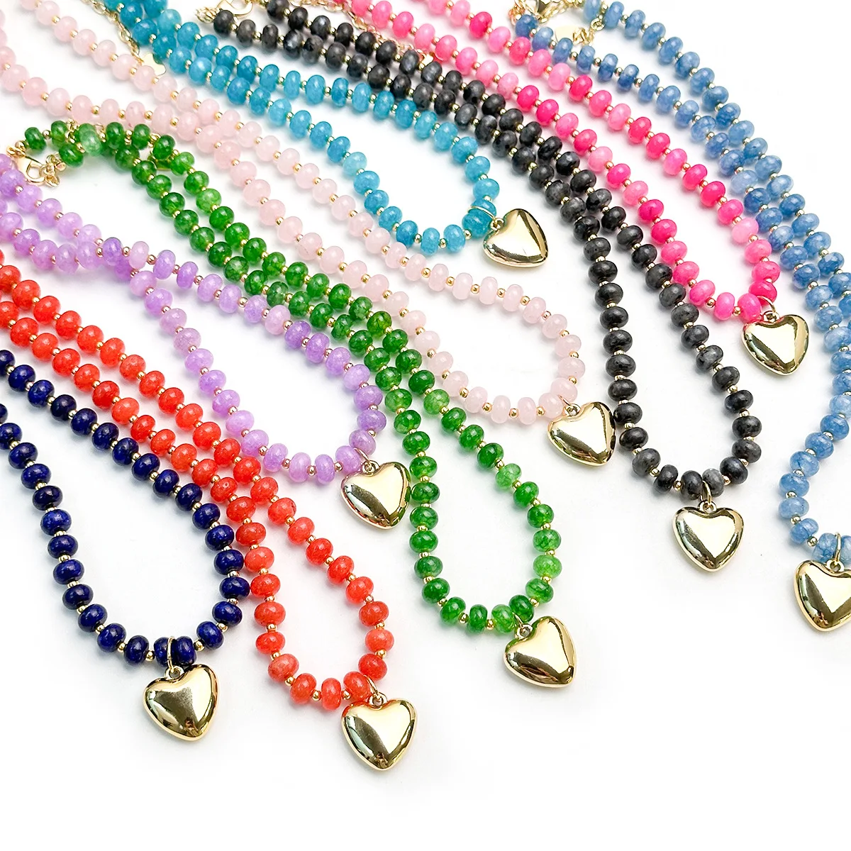 Gold Color Stainless Steel Puffy Love Heart Pendant Necklace Women Colorful Natural Stone Choker Summer Stackable Beach Jewelry