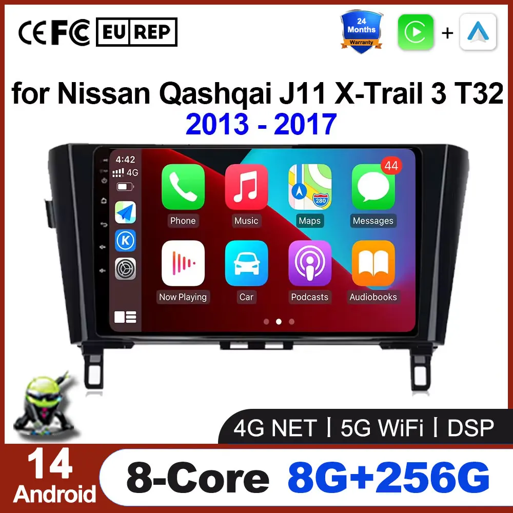 

Автомобильный радиоприемник для Nissan Qashqai J11 X-Trail 3 T32 2013-2017, мультимедийный стерео плеер с GPS-навигацией, беспроводной Carplay, Android 14