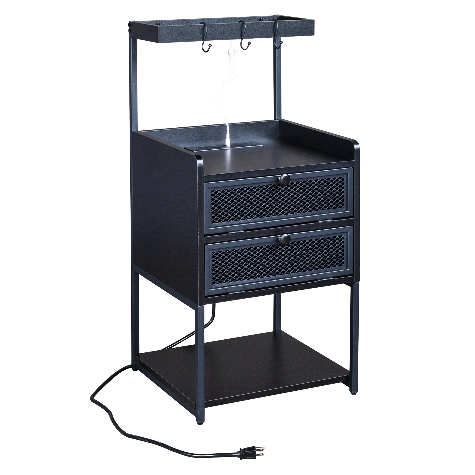 Black Wood Steel 2 Drawers Shelf LED Light Strips Nightstand With Socket With Charging Station & USB Ports Bed Table