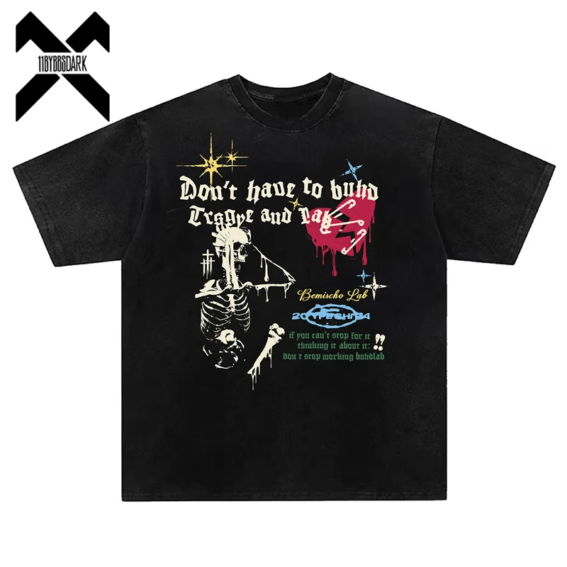 Men's Vintage Skeleton Graphic T Shirt 2026 Summer Hip Hop Washed T-Shirt Streetwear Harajuku Tshirt Cotton Unisex Tops Tees