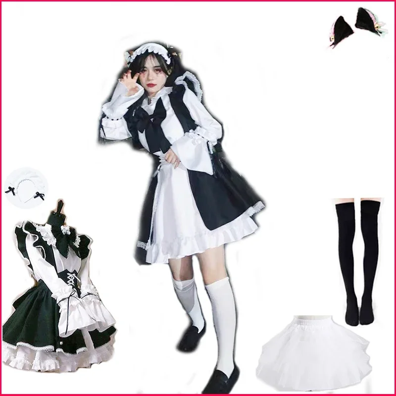 

Women Maid Outfit Anime Long Dress Black and White Apron Dress Lolita Dresses Men Cafe Costume Cosplay Costume