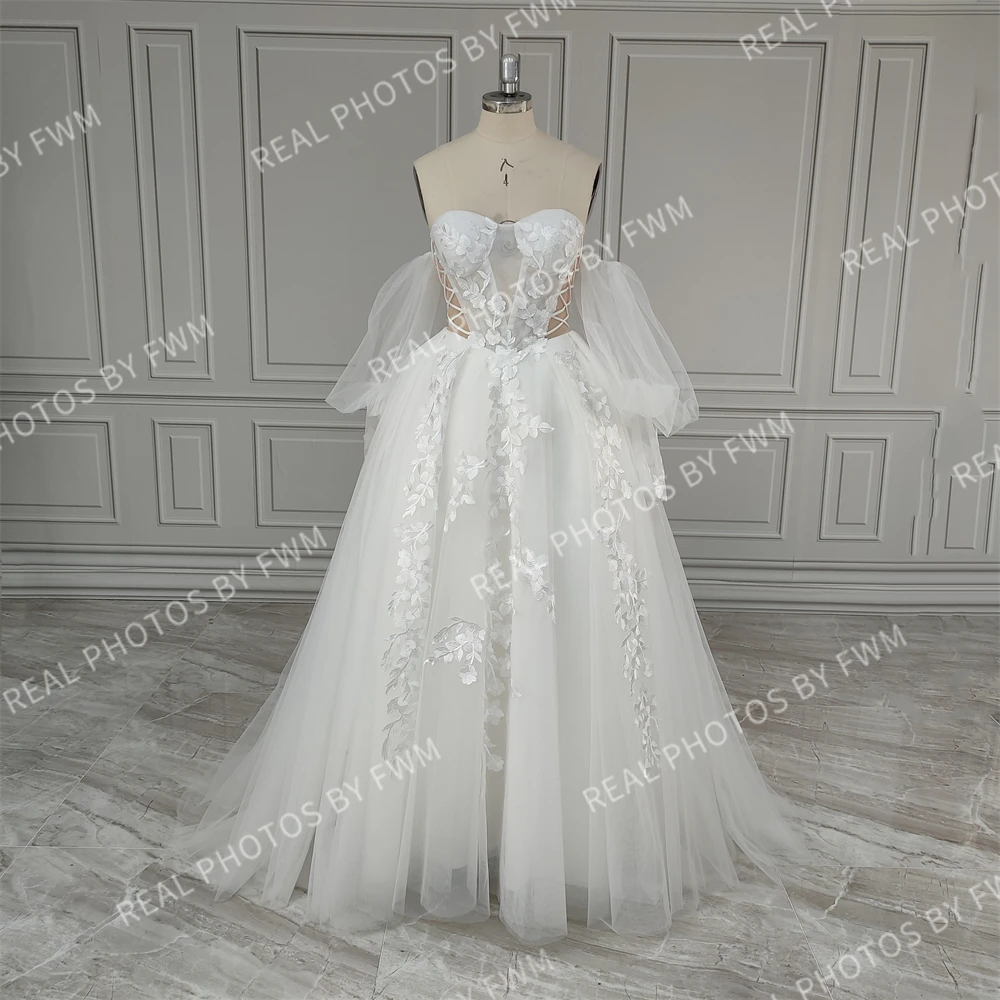 2263# Customzied Exquisite Sweep Train A-line Puffy Sleeves Wedding Dress Elegant Appliques Lace Tulle Low Back Bridal Gown