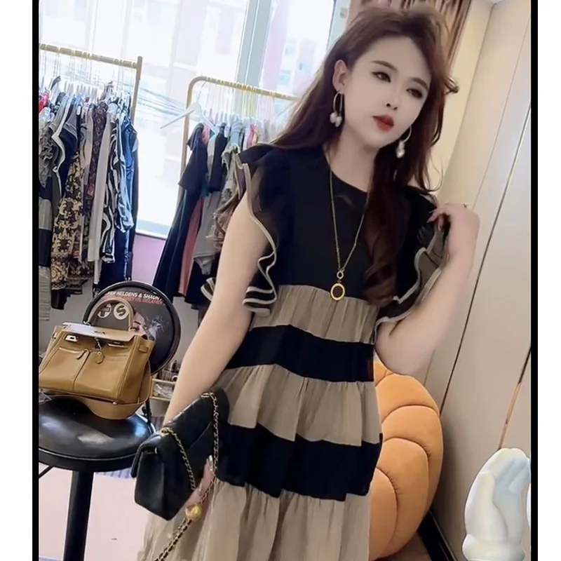 Fashion O-Neck Spliced Folds Striped Butterfly Sleeve Mini Dress Clothing 2024 Summer New Loose Office Lady Sleeveless Dress