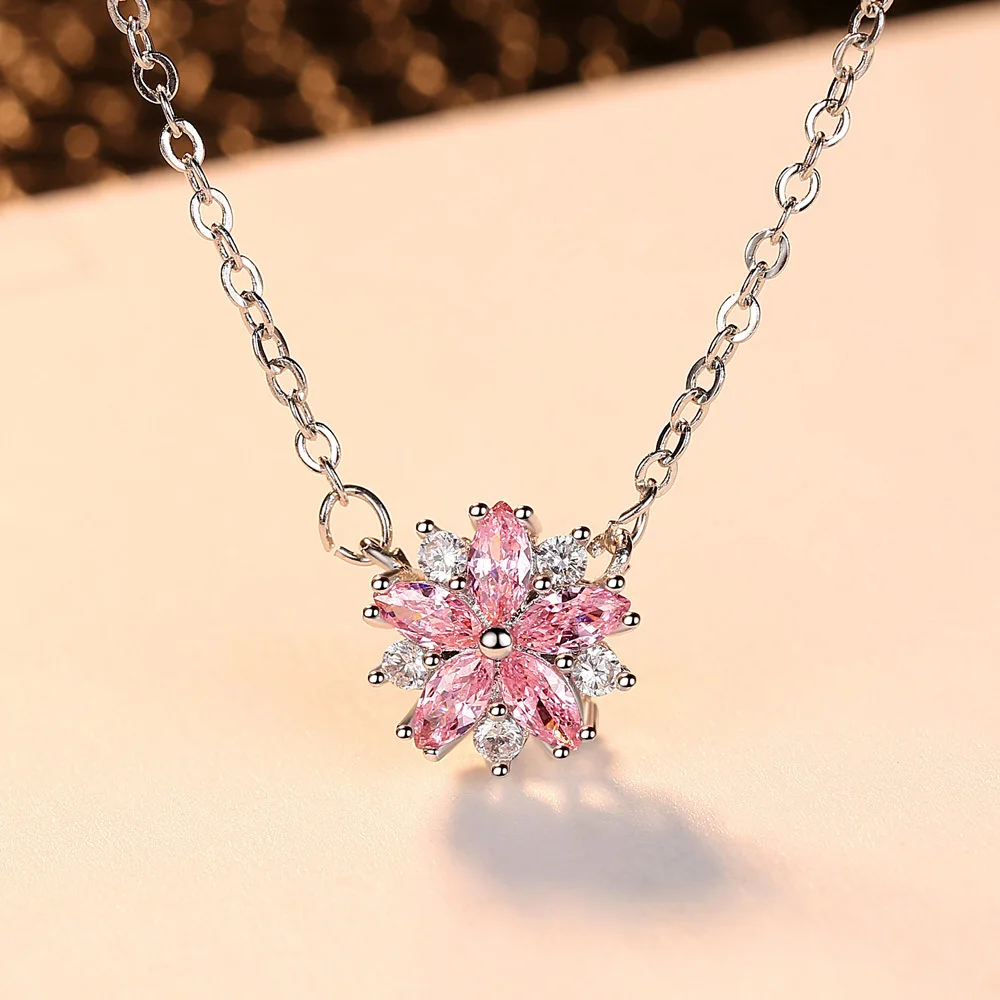 Sweet Sakura Pendant Necklace Female Cute Flower Pink Copper Jewelry Crystal Flower Pendant Necklace Gift Ladies Fashion Jewelry