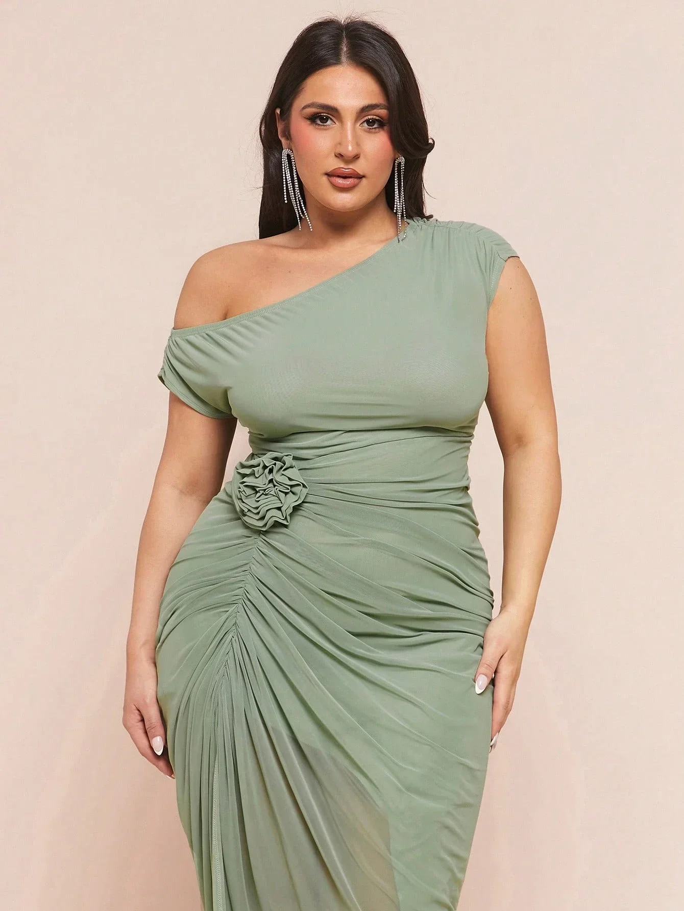 

One Shoulder Ruched Maxi Dress With Floral Applique And Side Slit