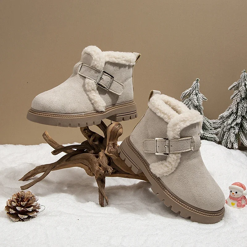 Faux Fur Winter Boots For Girls Platform Waterproof Girl Plush Boots Anti-slippery Soft-soled Fashion Warm Shoes Britain Style