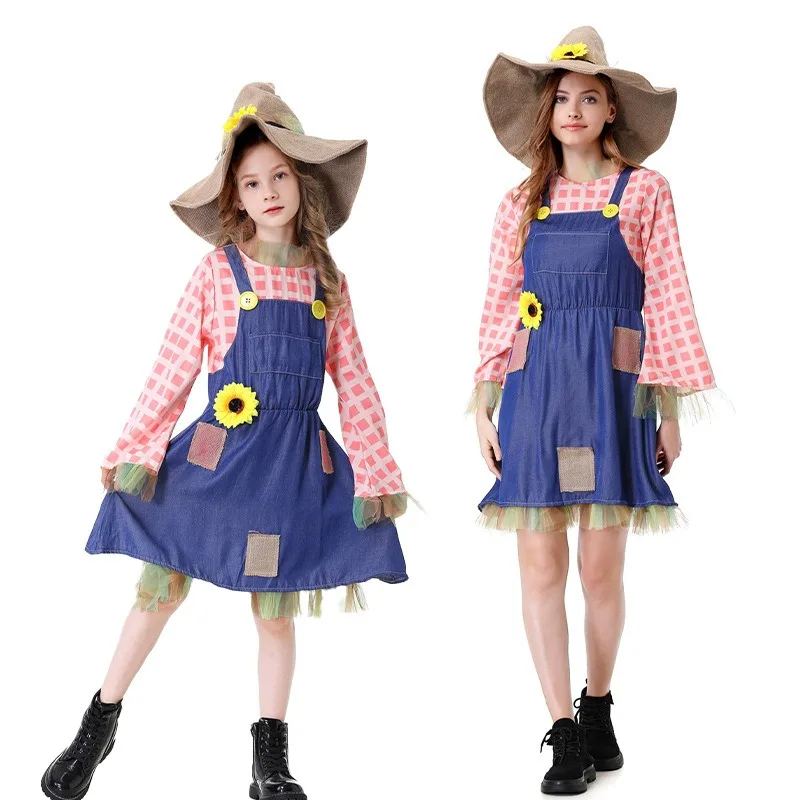 

Halloween Cosplay Costume Scarecrow Plaid Patch Flower Long Sleeved Dress Theme Party Role Playing Outfits for Adult Women Girls