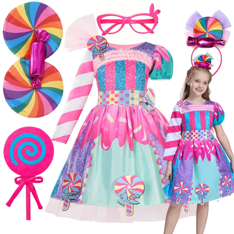 

2024 Girls Purim Festival Lollipop Costume Chidrens Puff Sleeve Candy Costume Kids Sweet Lollipop Print Birthday Party Dresses