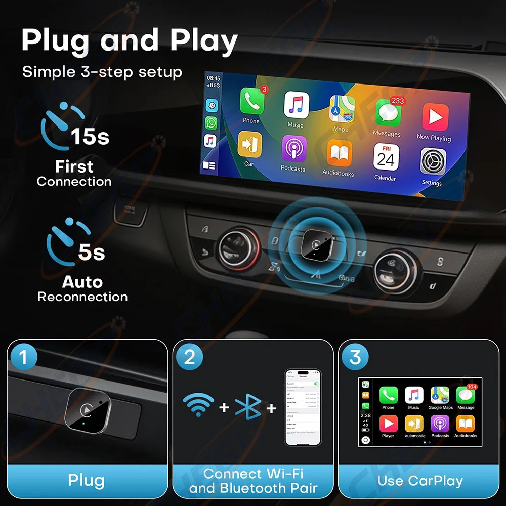 2 in1 Wireless Carplay Adapter for iPhone & Android Wired to Wireless AI Box USB Connection For Volvo Benz Mg Kia Chery VW view 4