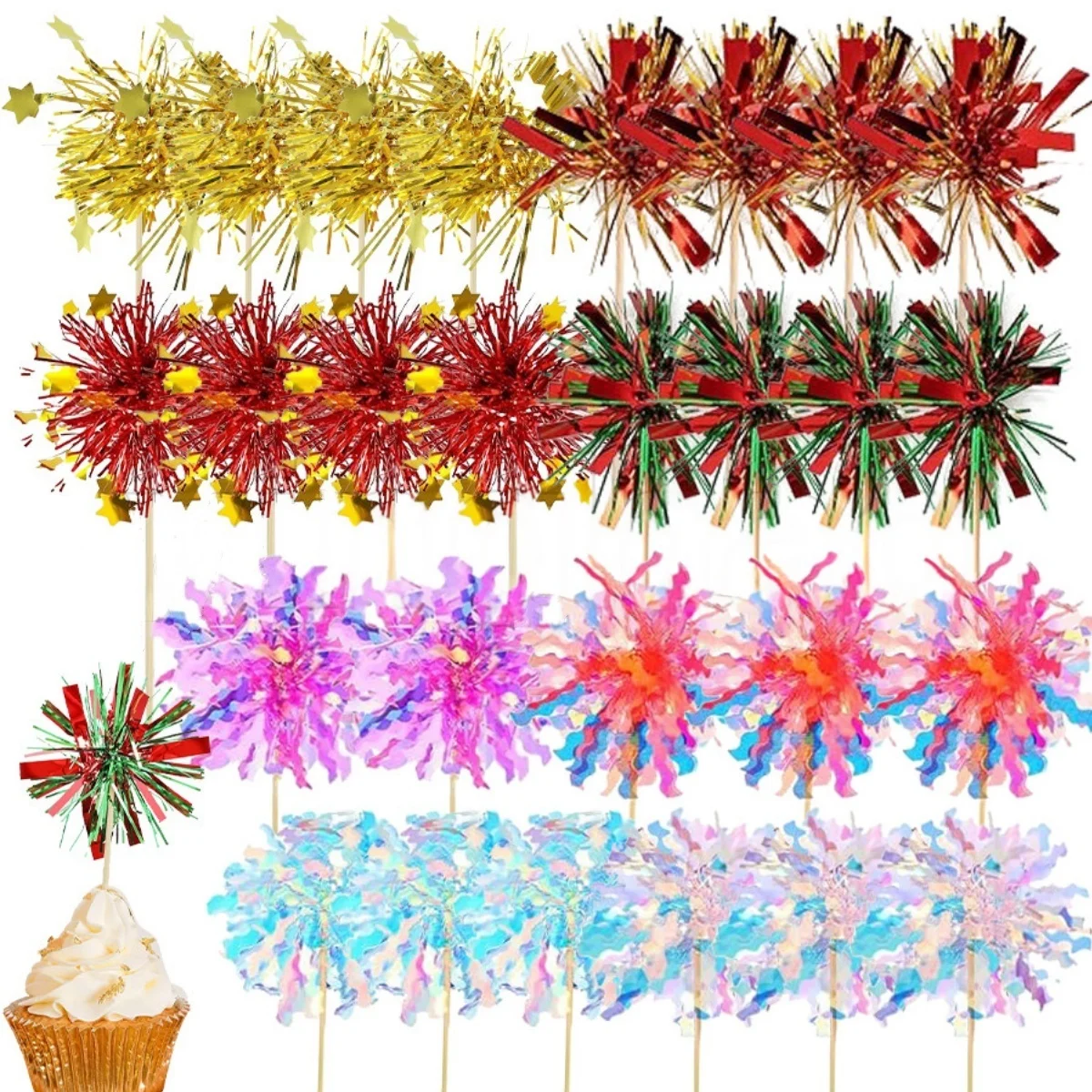 10-30Pcs Firework Cupcake Topper Christmas New Year Cake Decor Foil Toothpicks for Christmas, Picnics, Bar, Birthday Party