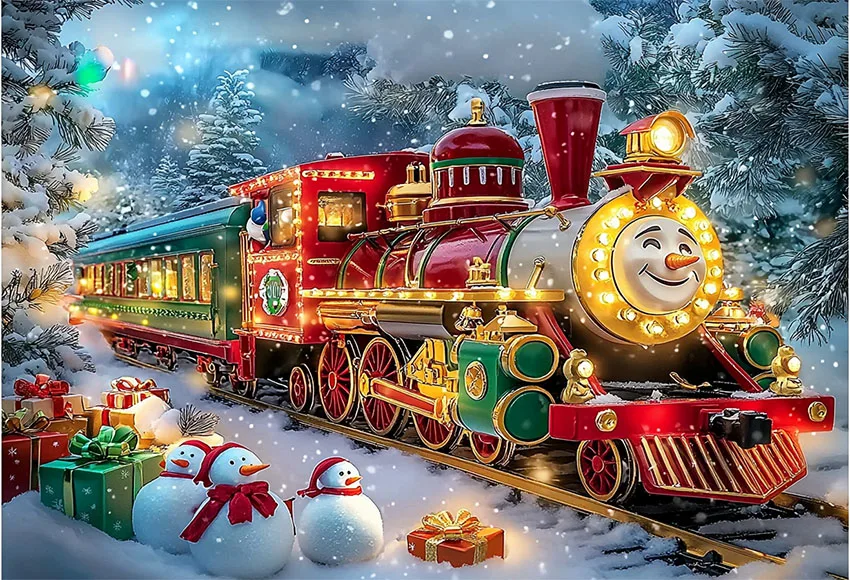 Mehofond 3D قاطرة قطار أخضر خلفية التصوير الفوتوغرافي ، خلفية شجرة عيد الميلاد ثلج ، غيوم الغابات الشتوية الزينة ، الهدايا