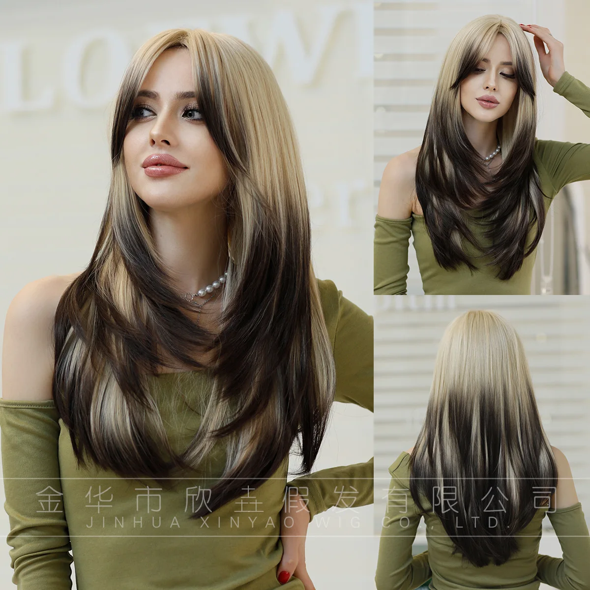 layered women's long hair, gradient long curly hair, synthetic fiber wig headband, brown hair tail dye