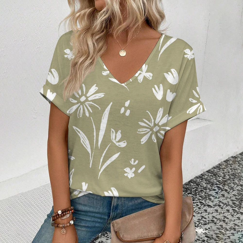 Daily Women's V-neck T-shirt Fashion Lightweight Street Elegant Leisure T-shirt Interest Fruit Print Women's V-neck T-shirt