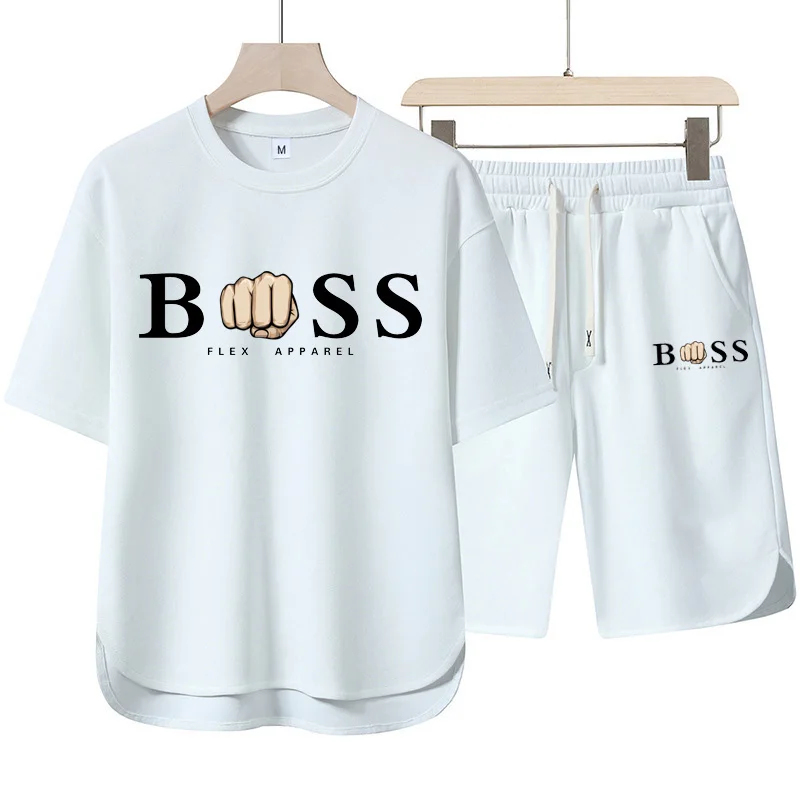 

Summer 2025 Simple letter-printed men's round-neck short-sleeved top and shorts Harajuku street fashion men's suit daily casual