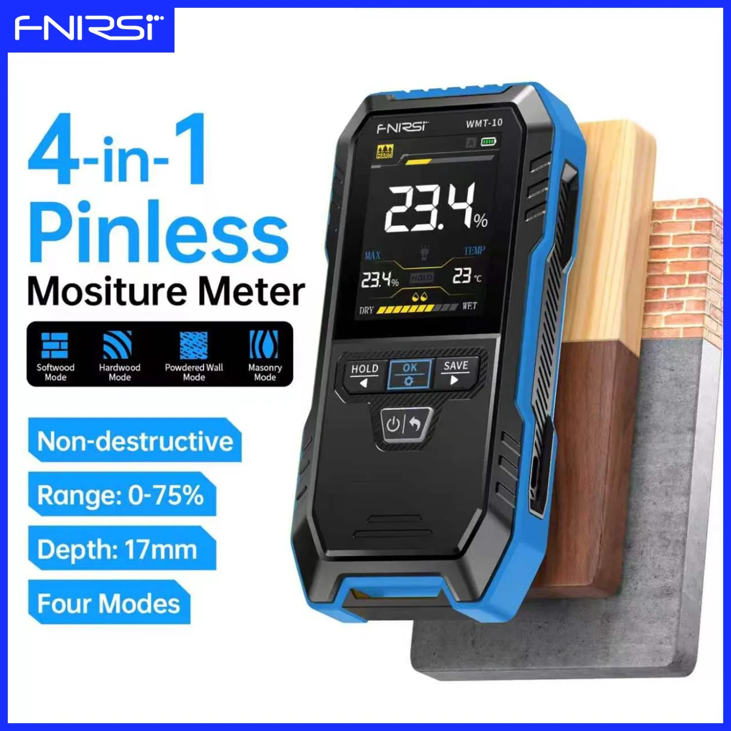 FNIRSI WMT-10 Wood Moisture Analyzer Inductive Non-destructive Humidity Test for Hardwood Softwood Plaster Wall Brick Wall