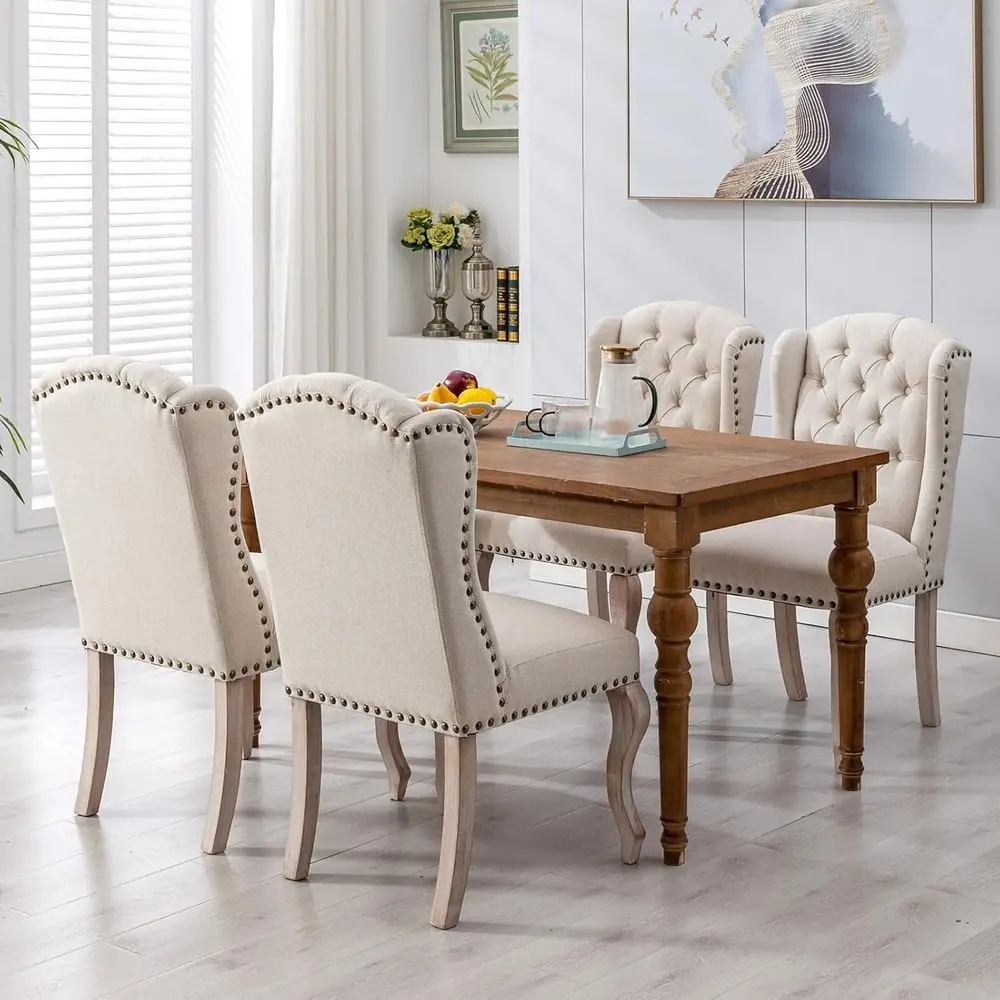 

Cream Upholstered Dining Chairs Set of 4 for Kitchen and Dining Room, Fabric Accent Chairs with Wooden Legs for Living Room and