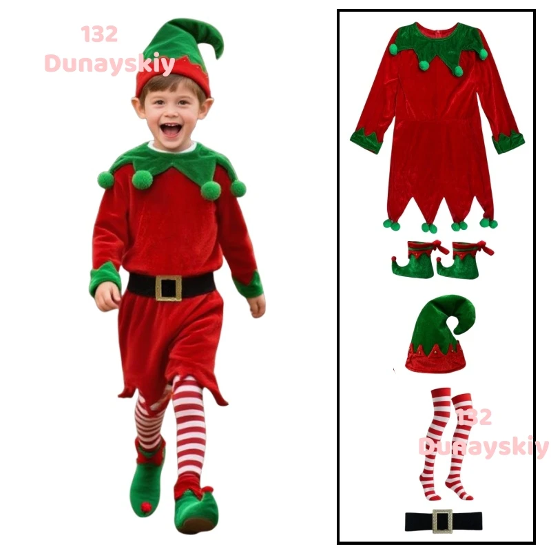 

Kids Christmas Elf Costume Cute Fairy Role Play Dress up Outfit for Boys And Girls Festive Halloween Party Photo Studio Clothes