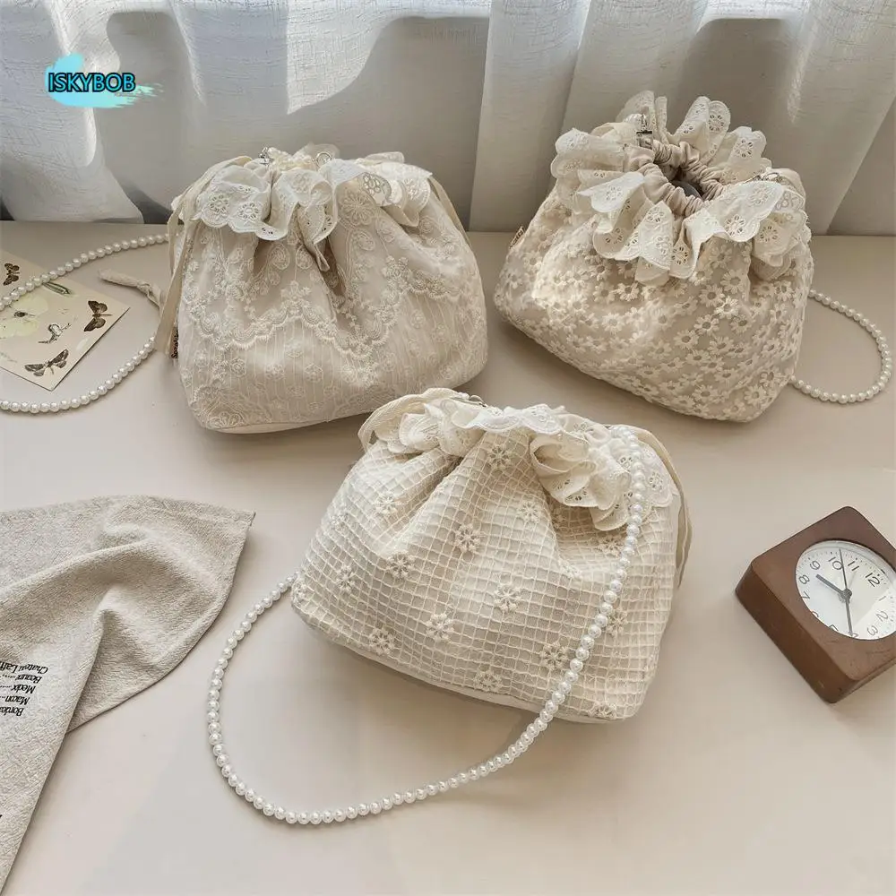 

Korean Style Drawstring Lace Flower Bag Printing Sweet Small Crossbody Bag Portable Pearls Chain Bundle Pocket Summer