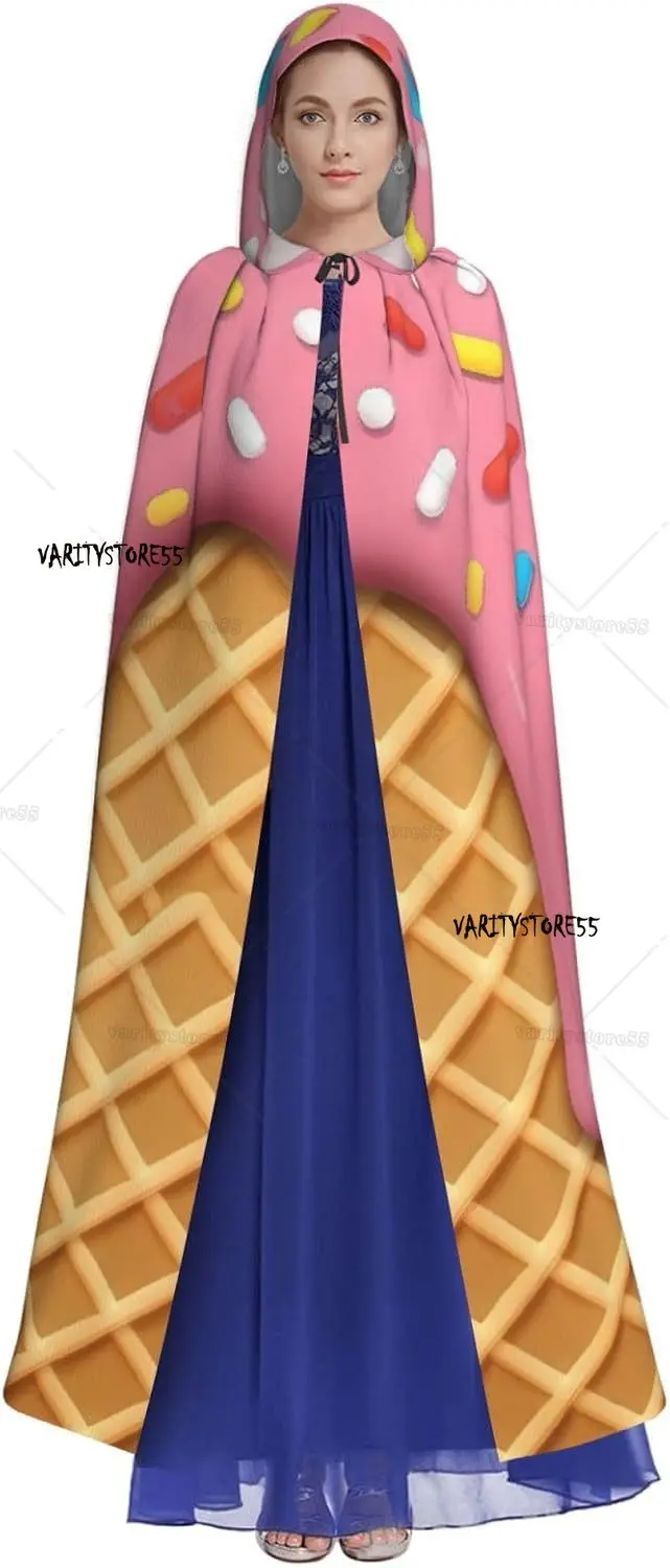 Ice Cream Print Adult Cloak with Hood Halloween Christmas Witch Wizard Party Costume