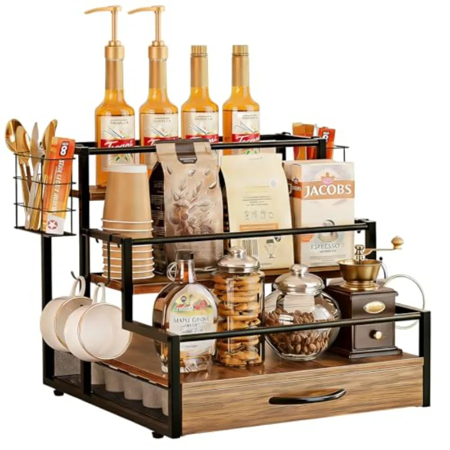 

Органайзер для кофейных сиропов на столешницу, 4-уровневая деревянная подставка с выдвижным ящиком на 36 капсул K-Cup для аксессуаров кофейного бара