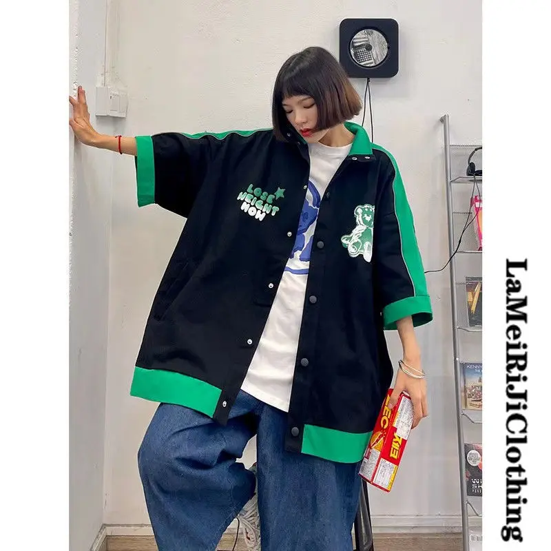 Baseball Splice Contrast Color Cartoon Bear Button Up Shirt Harajuku Oversized Loose Kawaii Tops for Teenage Summer Large 2XL