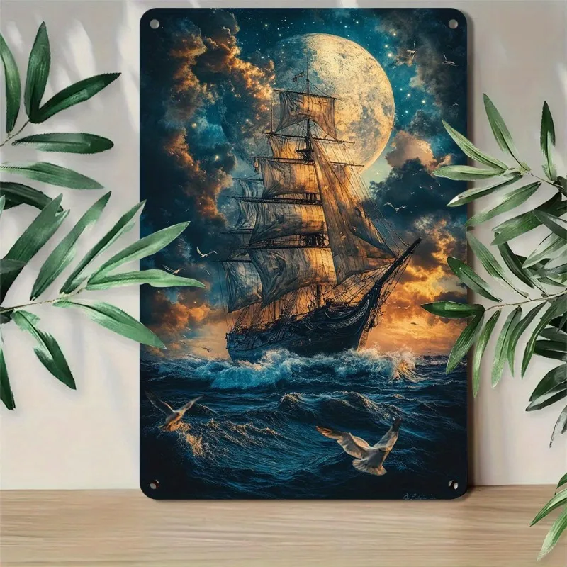 

Aluminum Metal Wall Art: Majestic Sailboat Under The Luminous Moon, Ideal for Nautical - Themed Decor, 7.9x11.8" or 11.8x17.7"