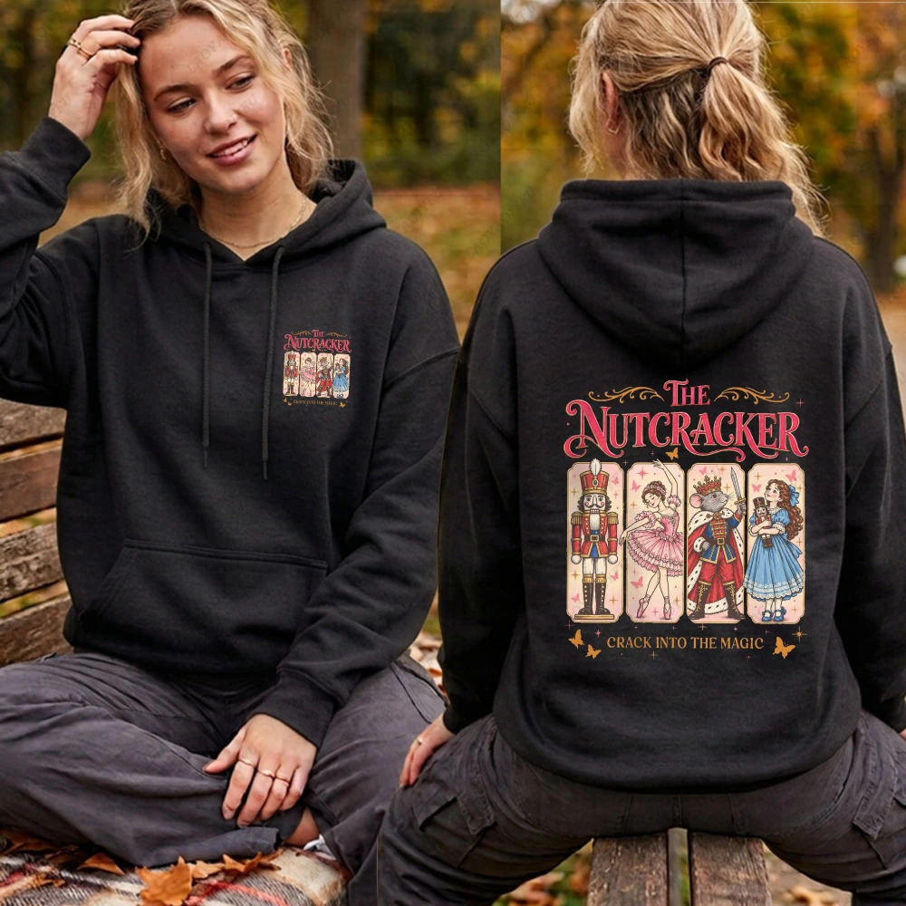 The Nutcracker Crack Into The Magic Four Characters Women Casual Long Sleeve Hoodie Vintage Christmas Storybook Ballet Top