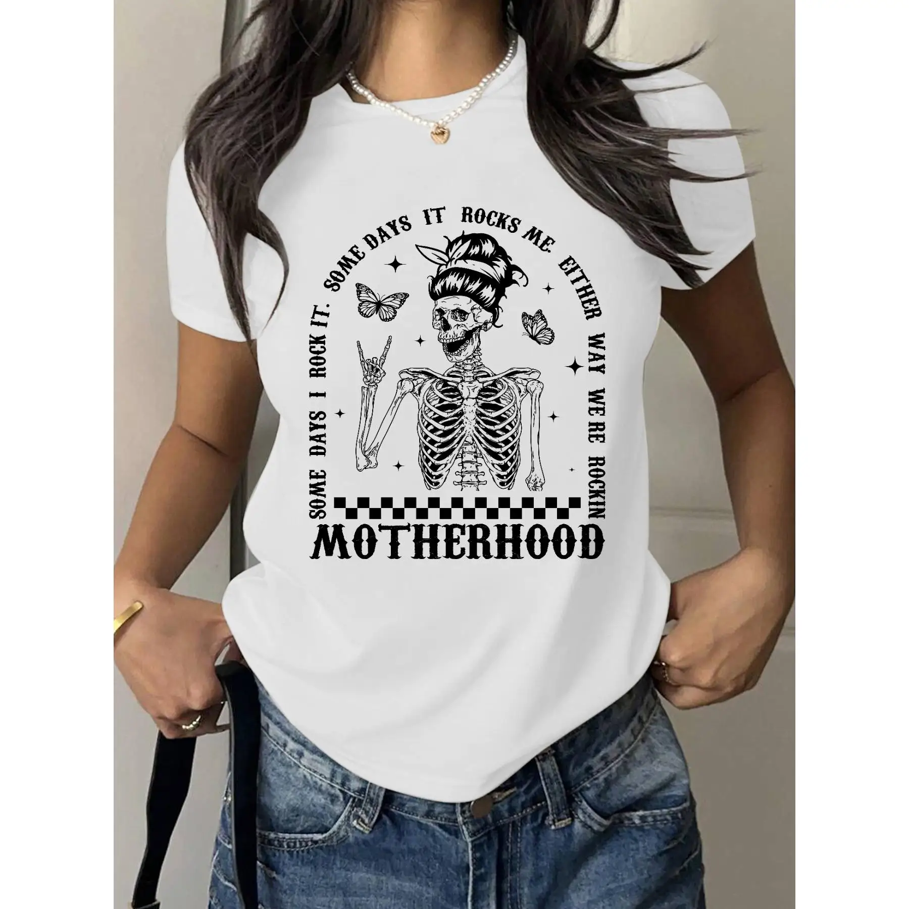 

Women's Motherhood T-shirt Funny Mom Life Slogan Tee Rockin' Skeleton Graphic Top