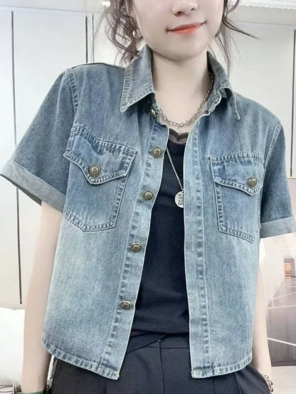 

Джинсовая женская летняя свободная тонкая повседневная верхняя одежда с воротником в стиле ретро, корейская стандартная посадка с защитой от ультрафиолета
