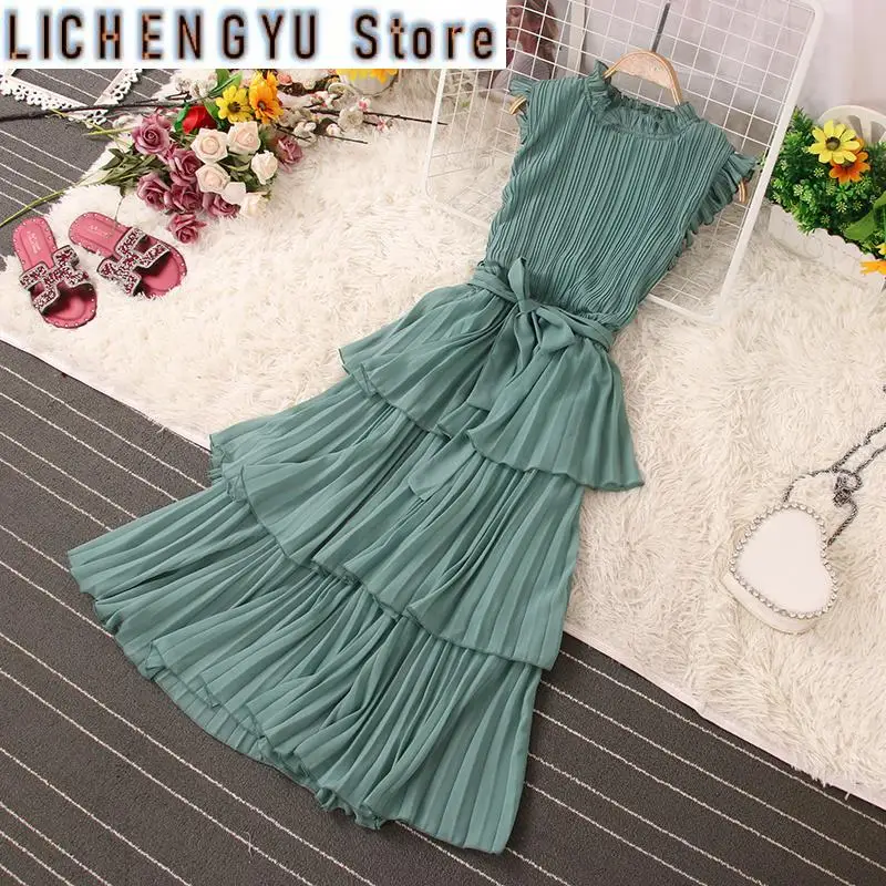 French Stylish Solid Wooden Ear Strap Vestido Women Sweet Belt Lace-up Tierred Pleated Dress New Tide Summer