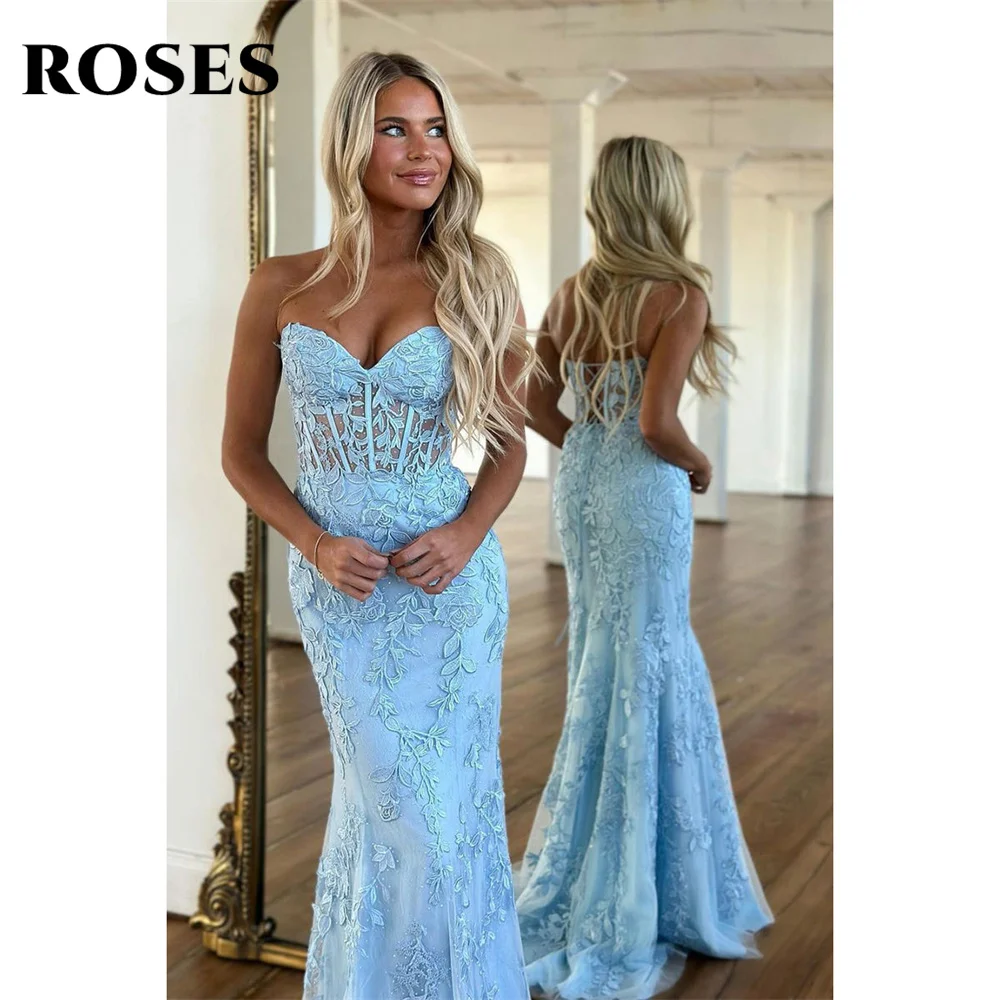 ROSES-Robe de Soirée de Forme Sirène, Tenue Éducative, Bleu Clair, avec des Appliques, en Filet, Charmante, à Lacets dans le Dos