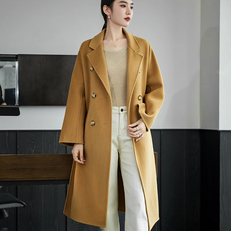 2025 Blue Long Women's Coat Autumn Winter New 100% Pure Wool Double-Breasted High-End Women's Jacket Versatile Women's Clothing