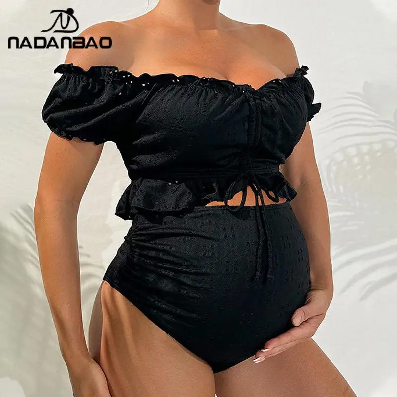 

Nadanbao Maternity Bikini Set High Waisted Two Piece Swimsuit Solid Color Off Shoulder Tops Shorts Summer Women's Clothing