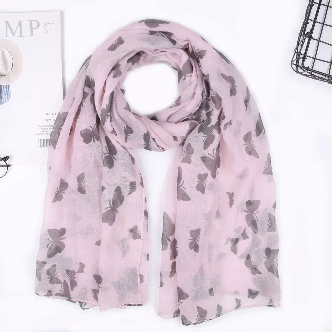 New Butterfly Print Scarf Wholesale Scarves Fashion Cotton and Linen Blend Thermal Shawl Woman Wrap Lady Headband